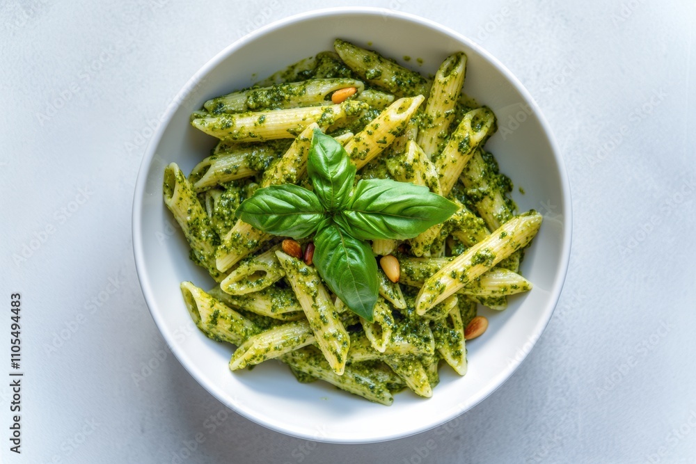 Penne Pasta with Fresh Basil Pesto and Pine Nuts isolated on white background Penne Pasta with Fresh Basil Pesto and Pine Nuts isolated on white background