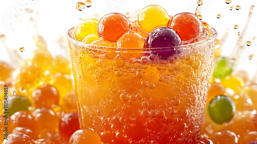 Fizzy Orange Drink with Colorful Jelly Balls Splashing photo