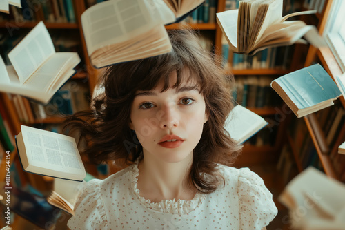 portrait of a young woman with flowing hair surrounded by flying books in a library, Dewey Decimal System Day theme