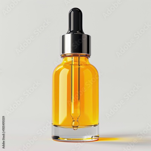 Glass dropper bottle with yellow liquid and black cap.