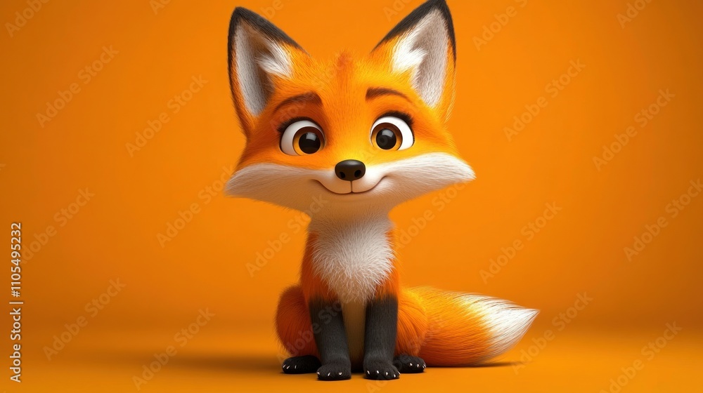 Obraz premium Cute Cartoon Fox Sitting on Orange Background
