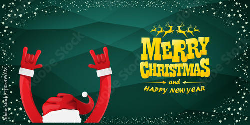 Merry christmas horizontal banner with Santa Claus rock n roll style and santa red hat isolated on green background with stars. Merry Christmas hipster Rock n roll party poster, flyer design template.