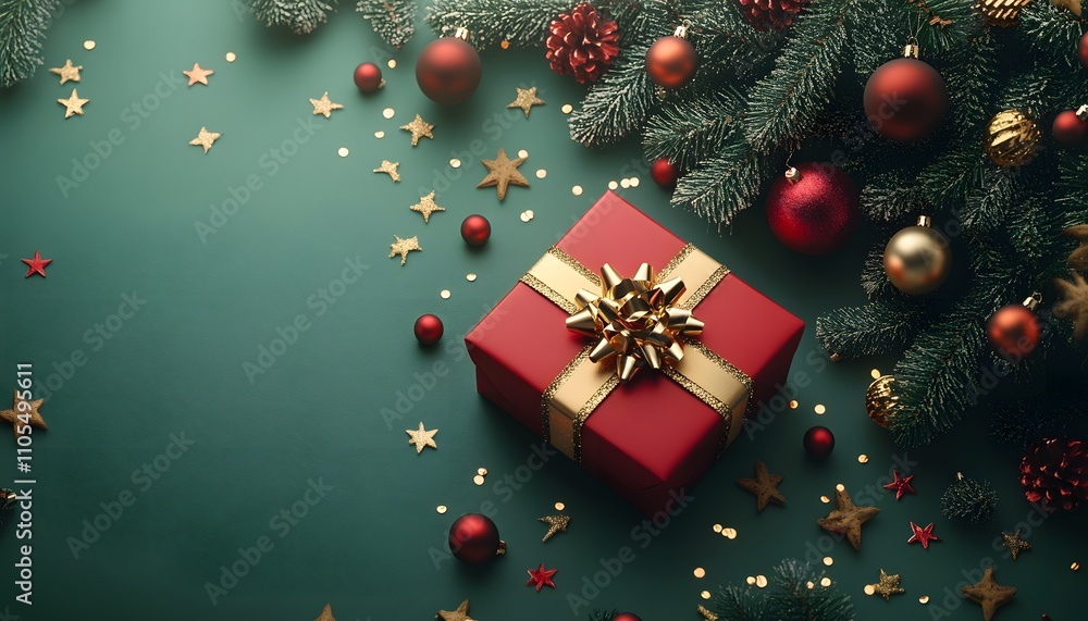 A top view festive red gift box wrapped in a golden ribbon lies on a green background shaped like a Christmas tree, surrounded by holiday ornaments A top view festive red gift box wrapped in a golden ribbon lies on a green background shaped like a Christmas tree, surrounded by holiday ornaments