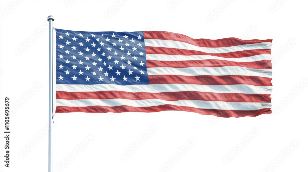 Fototapeta premium United states flag waving on white background: star spangled banner flies proudly