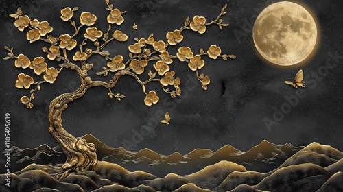 Fototapeta Naklejka Na Ścianę i Meble -  Gold plum blossoms decorate tree against dark night sky full moon. Butterfly decorates dark mountain landscape. Design elegant and artistic. Perfect for home decor. Possible wallpaper or mural.