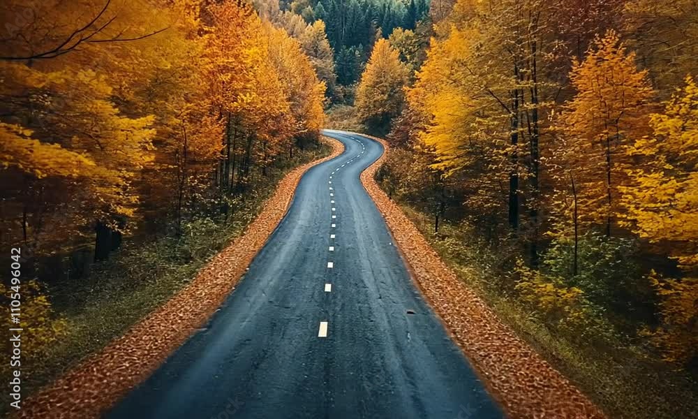 Winding road through vibrant autumn trees in a serene landscape. Winding road through vibrant autumn trees in a serene landscape.