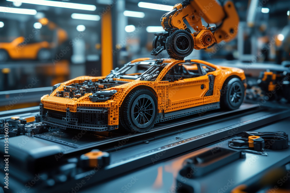 Toy factory, A detailed robotic assembly line showcases an orange sports car being constructed with precision machinery in a modern workshop. Toy factory, A detailed robotic assembly line showcases an orange sports car being constructed with precision machinery in a modern workshop.