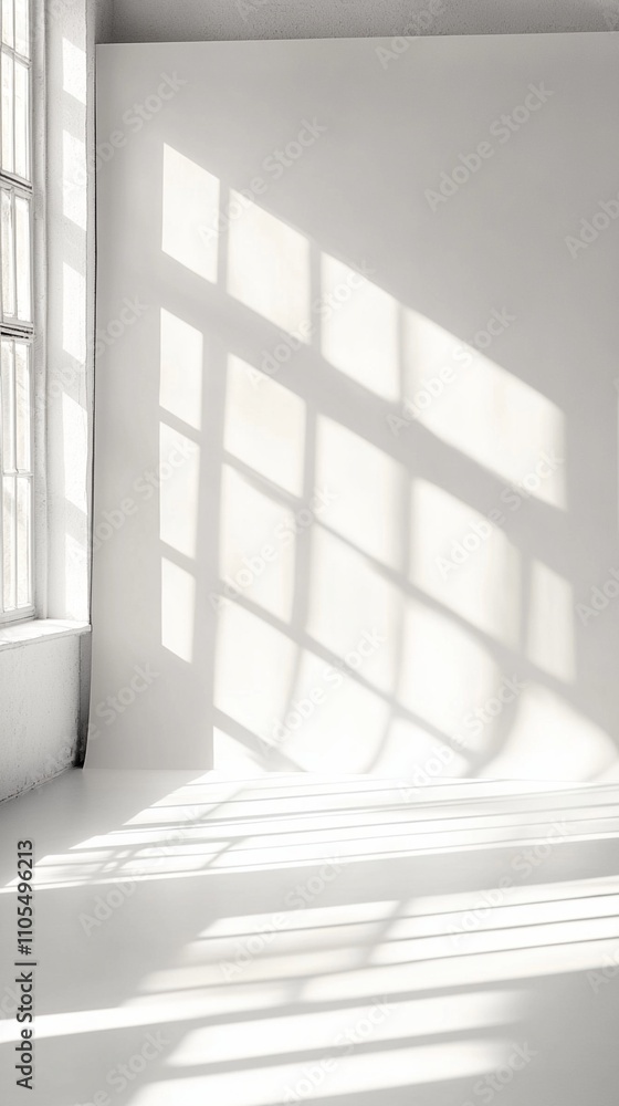 Fototapeta premium Sunlight casts geometric shadows through a window onto a pristine white wall, creating a mesmerizing interplay of light and shadow in a minimalist interior space.