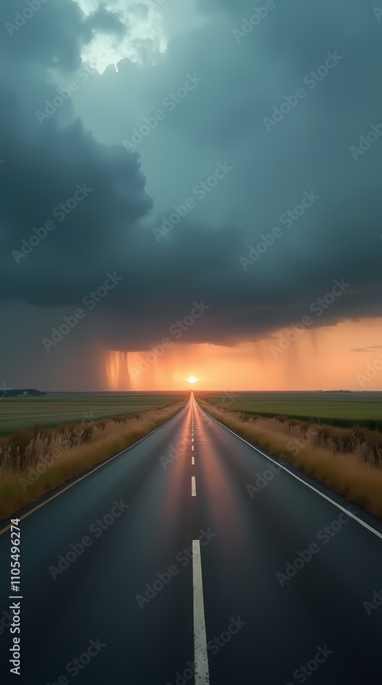 Fototapeta premium Road through Fields to the storm