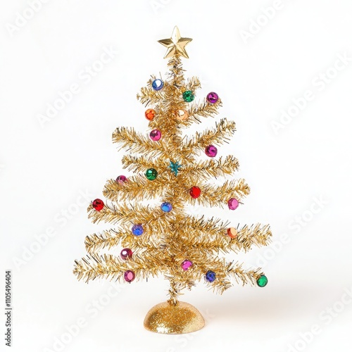 A small, simple gold tinsel Christmas tree with colorful jewels