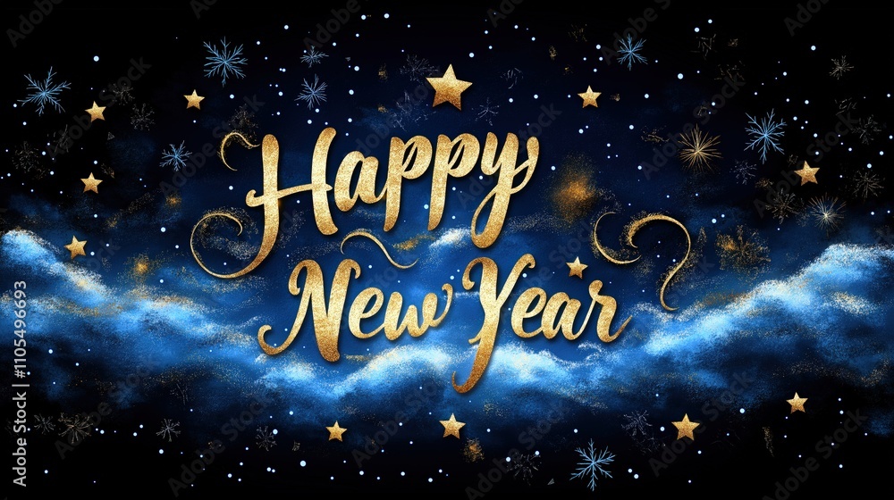 Elegant Happy New Year Typography with Sparkling Gold and Stars Elegant Happy New Year Typography with Sparkling Gold and Stars
