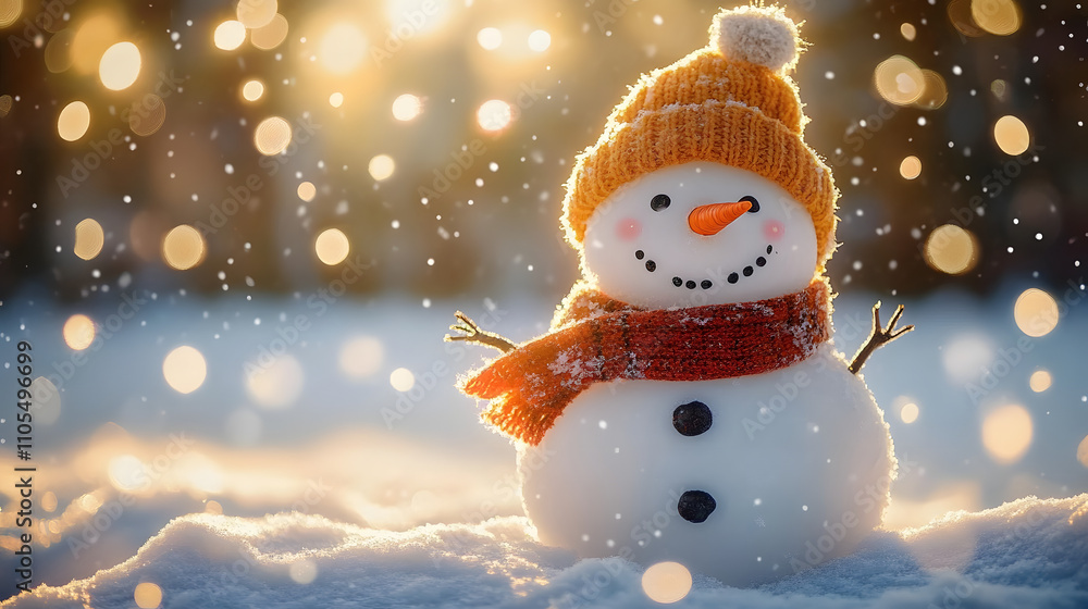 Winter holiday christmas background banner - Closeup of cute funny laughing snowman with wool hat and scarf, on snowy snow snowscape with bokeh lights, illuminated by the sun Winter holiday christmas background banner - Closeup of cute funny laughing snowman with wool hat and scarf, on snowy snow snowscape with bokeh lights, illuminated by the sun