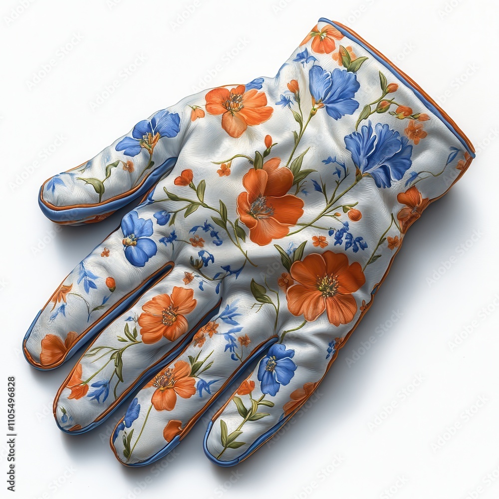 Gardening gloves adorned with a vibrant floral pattern resting neatly on a white surface for a spring gardening project Gardening gloves adorned with a vibrant floral pattern resting neatly on a white surface for a spring gardening project