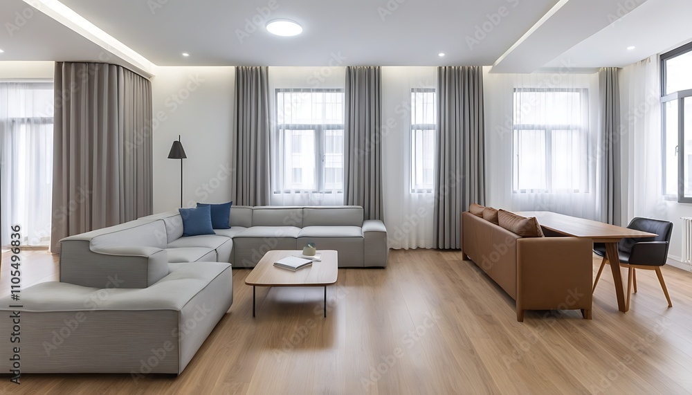 Minimalist living room with modern furniture and wooden floor.