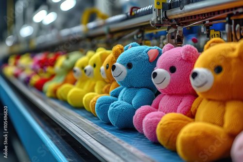 Toy factory, Colorful plush bears lined up in a factory setting, showcasing a variety of pastel colors and soft textures.