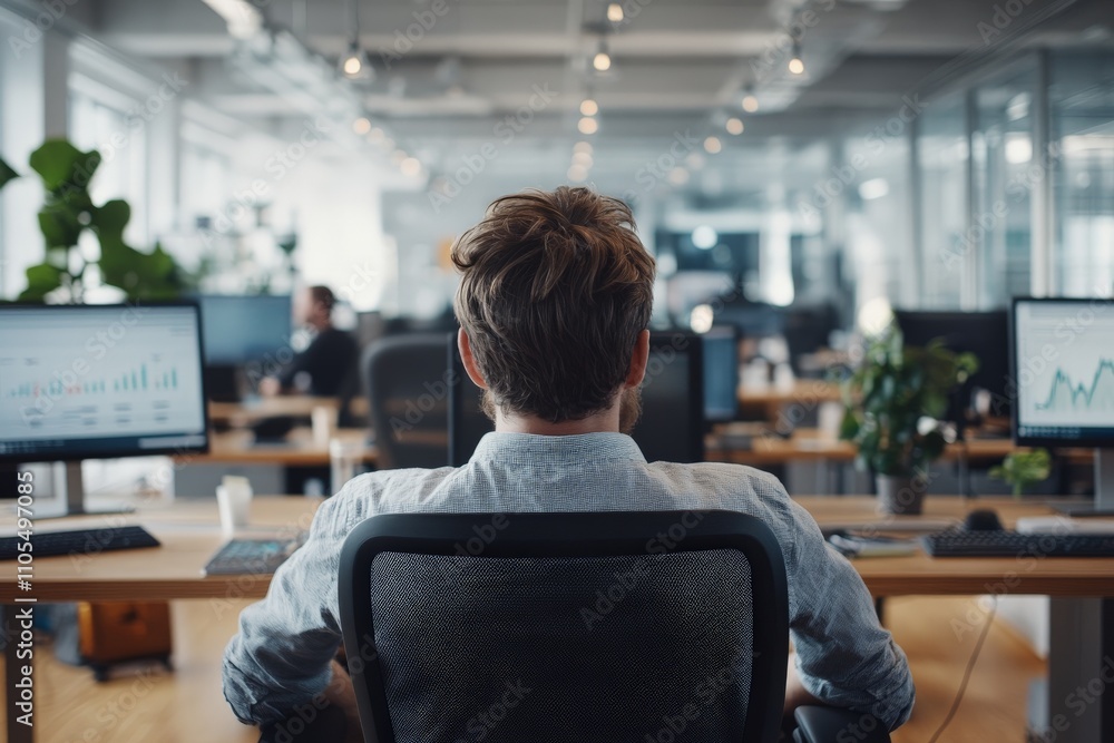 Fototapeta premium A person seated at a desk in a modern office, viewing multiple computer screens displaying data, underscoring a tech-driven and analytical work atmosphere.