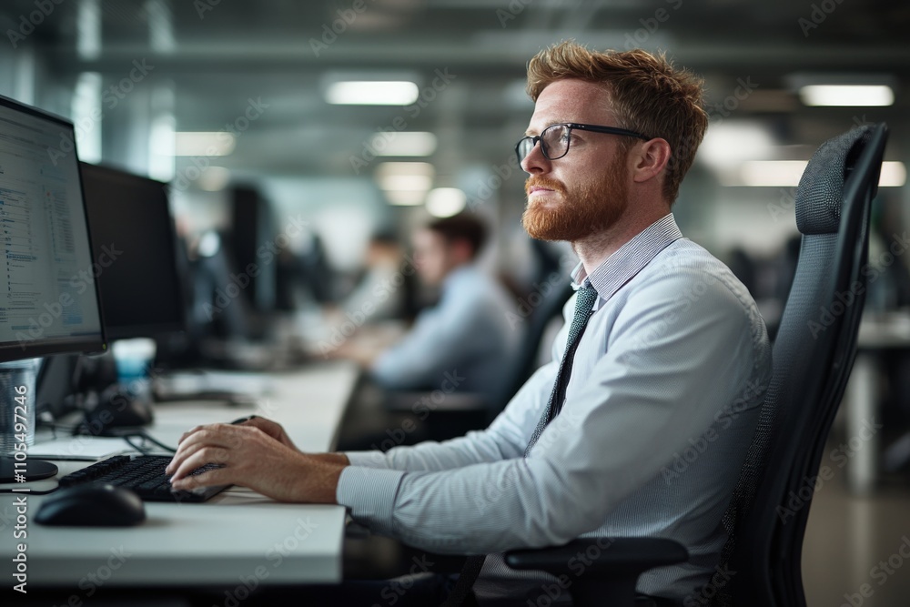 A focused office worker with a red beard, wearing glasses, is typing attentively at a computer in an open-plan office setting, conveying productivity.
