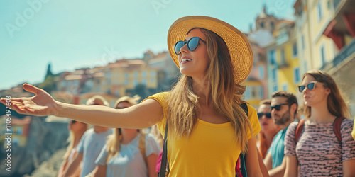 Fototapeta Naklejka Na Ścianę i Meble -  Female tourist guide showing European city to the group of tourists.