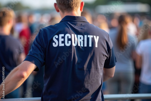 Security officer standing behind crowd outdoors