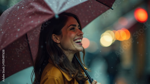 portrait of a smiling young woman under an umbrella. A woman laughs in the rain.