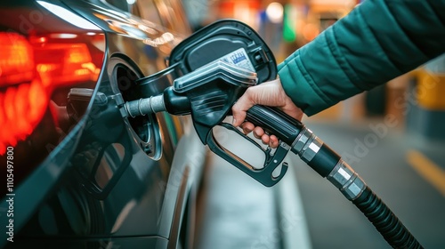 Person refuels red car at gas station, evening. Pump details. Male hand gripping the nozzle, daily routine. Auto fuel. Transportation, energy. Rising petrol prices.