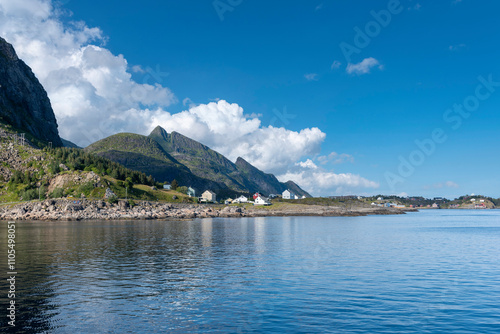 Landscape at the Vestfjord with a view of the villages Tind and Sorvagen. A i Lofoten in the Lofoten county in Norway photo