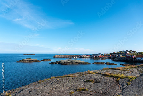 Landscape on Vestfjord with historic fishing village. A i Lofoten in Lofoten district of Norway