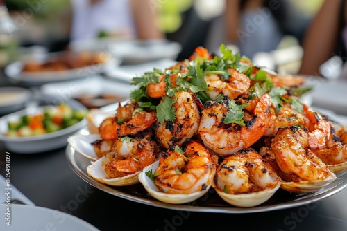 A plate full of beautifully grilled prawns, garnished with fresh herbs and presented elegantly, showcasing exquisite culinary arts and tantalizing flavors ready to be savored.