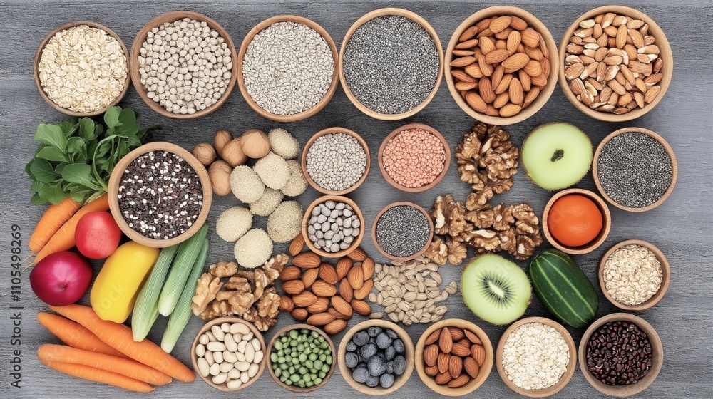 Fototapeta premium Assorted grains, seeds, nuts, fruits, and vegetables arranged on a wooden surface in wooden bowls and scattered, including carrots, kiwi, almonds, walnuts, lentils, and oats.