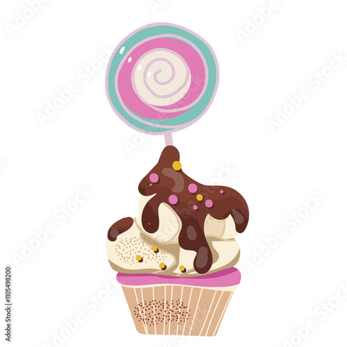 Cupcake with whipped cream, cream, with lollipop, dipped in chocolate, hand drawn vector.