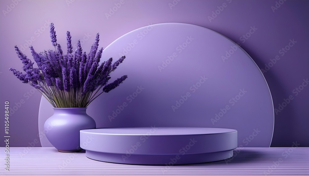 Soft purple product podium with bouquet of lavenders in a vase on the side, product placement Soft purple product podium with bouquet of lavenders in a vase on the side, product placement