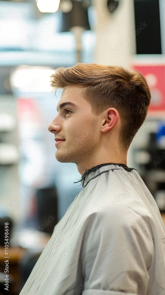 Profile view of a young man with a trendy haircut at a barbershop, wearing a white cape and sitting in the stylist's chair, ready for grooming. Profile view of a young man with a trendy haircut at a barbershop, wearing a white cape and sitting in the stylist's chair, ready for grooming.