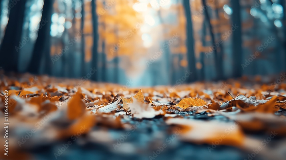 Close-up view of dry autumn leaves scattered on a forest path, with blurred trees in the background, capturing the essence of a tranquil fall scene. Close-up view of dry autumn leaves scattered on a forest path, with blurred trees in the background, capturing the essence of a tranquil fall scene.
