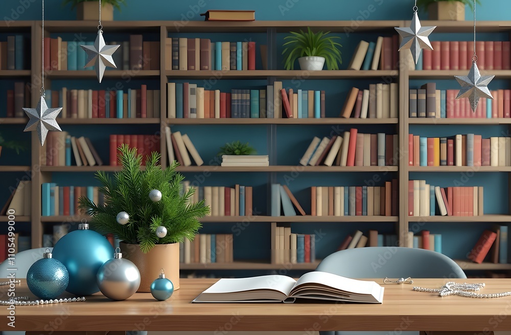 Table with an open book decorated for Christmas and New Year against the background of a bookshelf Table with an open book decorated for Christmas and New Year against the background of a bookshelf