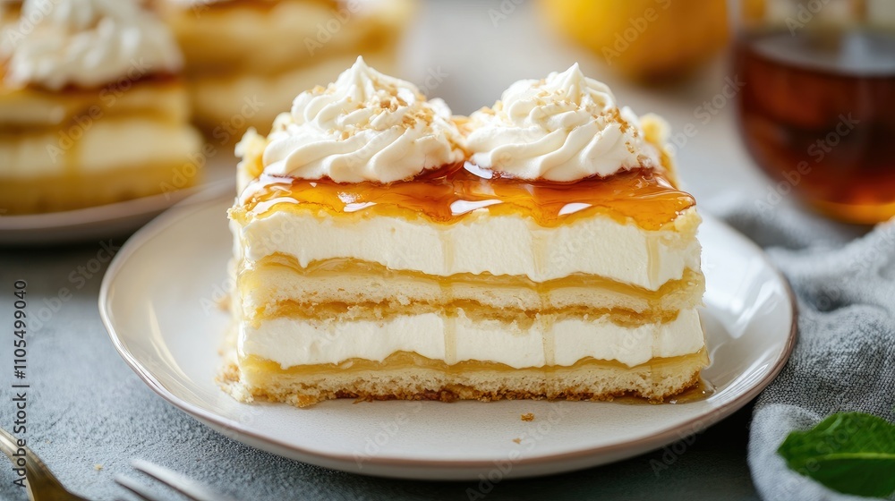 Decadent pastry with layers of cream and syrup, presented on a pristine surface for a tempting visual Decadent pastry with layers of cream and syrup, presented on a pristine surface for a tempting visual