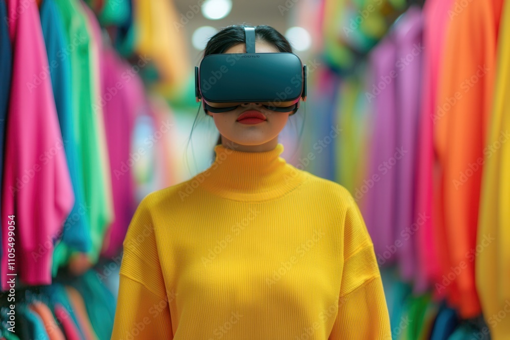 Virtual reality and accessibility, A woman in a yellow sweater wears virtual reality goggles, surrounded by colorful clothing. Virtual reality and accessibility, A woman in a yellow sweater wears virtual reality goggles, surrounded by colorful clothing.