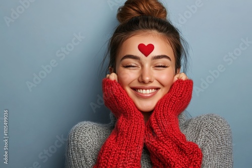 A young woman smiles blissfully with a bright red heart sticker on her forehead, dressed warmly in a knitted gray sweater, exuding happiness, warmth, and affection.