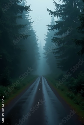 Road through the forest to the storm