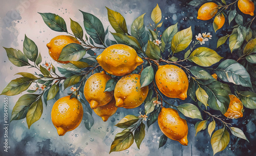 Painting of a branch with lemons and flowers. There are nine lemons on the branch photo