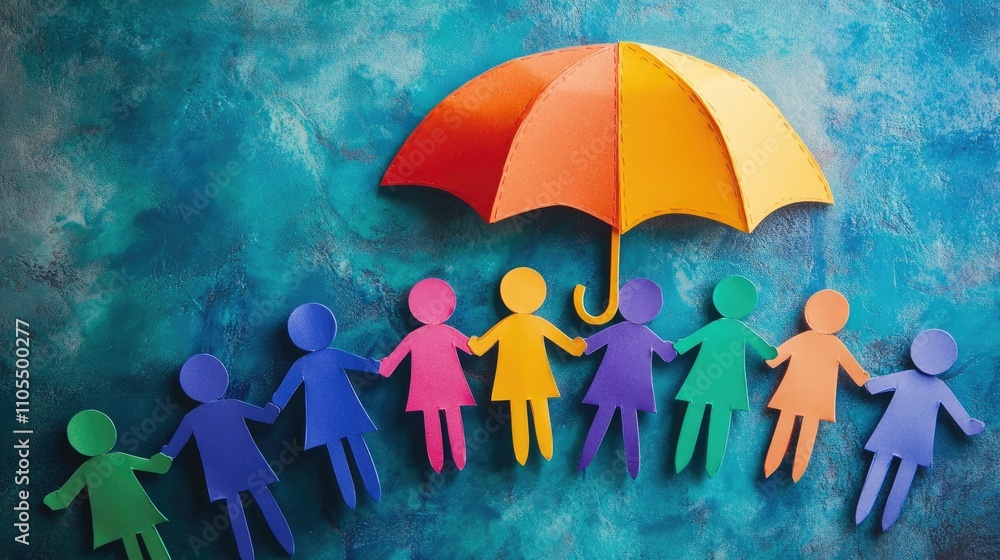 Diverse paper people in vivid colors held by hands under an umbrella, symbolizing unity, care, and protection. Diverse paper people in vivid colors held by hands under an umbrella, symbolizing unity, care, and protection.