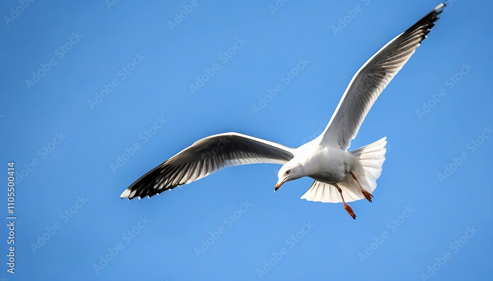 Obraz premium Graceful soaring seagull, flying in the blue sky.