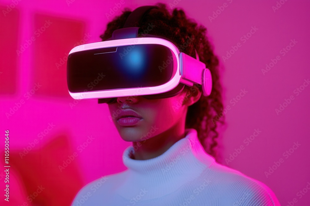 Virtual reality and accessibility, A person wearing a VR headset in a vibrant pink-lit environment, immersed in a virtual reality experience. Virtual reality and accessibility, A person wearing a VR headset in a vibrant pink-lit environment, immersed in a virtual reality experience.