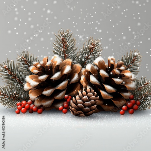 Vector illustration of pine cones dusted with snow alongside evergreen sprigs and red berries on a white background