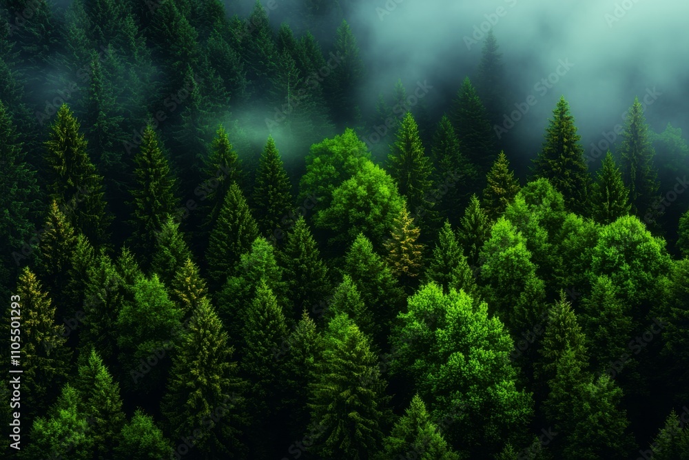Misty Pine Forest with Dense Green Foliage and Rolling Fog Misty Pine Forest with Dense Green Foliage and Rolling Fog