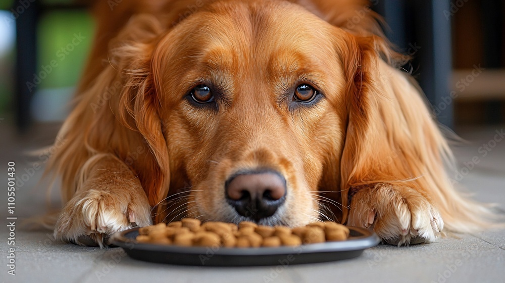 Golden Retriever Dog Being Fed Meal in Tidy and Warm Room Golden Retriever Dog Being Fed Meal in Tidy and Warm Room