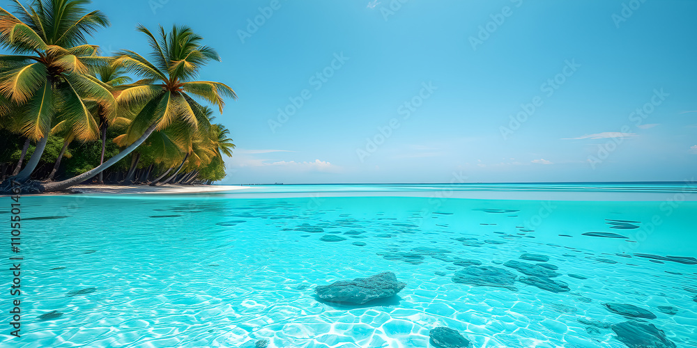 Amazing nature idyllic tropical beach with white sand, coconut palm tree and turquoise blue ocean and sky. Summer vacation pattern, perfect sunshine scene. Pristine water, dream tourism. ai generative Amazing nature idyllic tropical beach with white sand, coconut palm tree and turquoise blue ocean and sky. Summer vacation pattern, perfect sunshine scene. Pristine water, dream tourism. ai generative