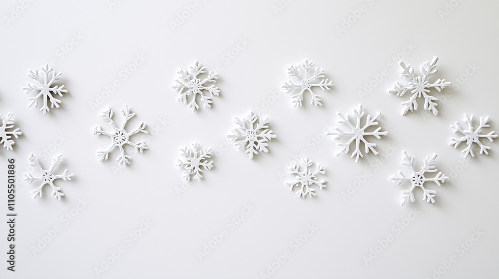 White Snowflake Decorations on Minimalist White Background White Snowflake Decorations on Minimalist White Background