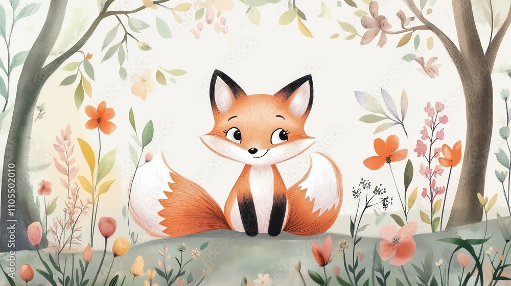 Cute cartoon fox sits among flowers, trees in forest. Hand drawn watercolor style. Perfect for children rooms as wallpaper mural. Illustration peaceful forest scene. Soft colors, details create Cute cartoon fox sits among flowers, trees in forest. Hand drawn watercolor style. Perfect for children rooms as wallpaper mural. Illustration peaceful forest scene. Soft colors, details create