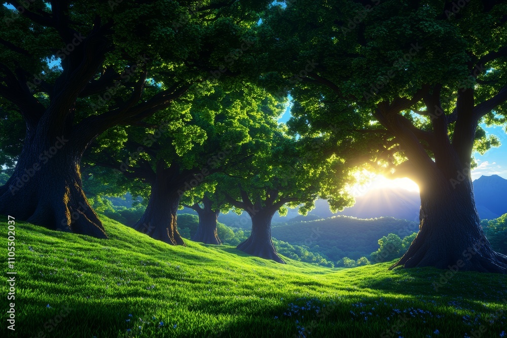 Sunlit Forest Clearing with Lush Green Grass and Majestic Trees Sunlit Forest Clearing with Lush Green Grass and Majestic Trees