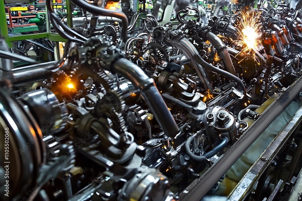 Intricate Automotive Engine Parts and Machinery in a Modern Manufacturing Facility Intricate Automotive Engine Parts and Machinery in a Modern Manufacturing Facility